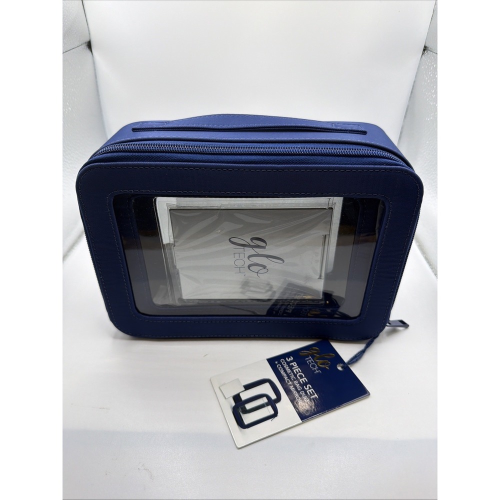 Glo Tech 3-Piece Cosmetic Bag Duo & Compact Mirror – Brand New